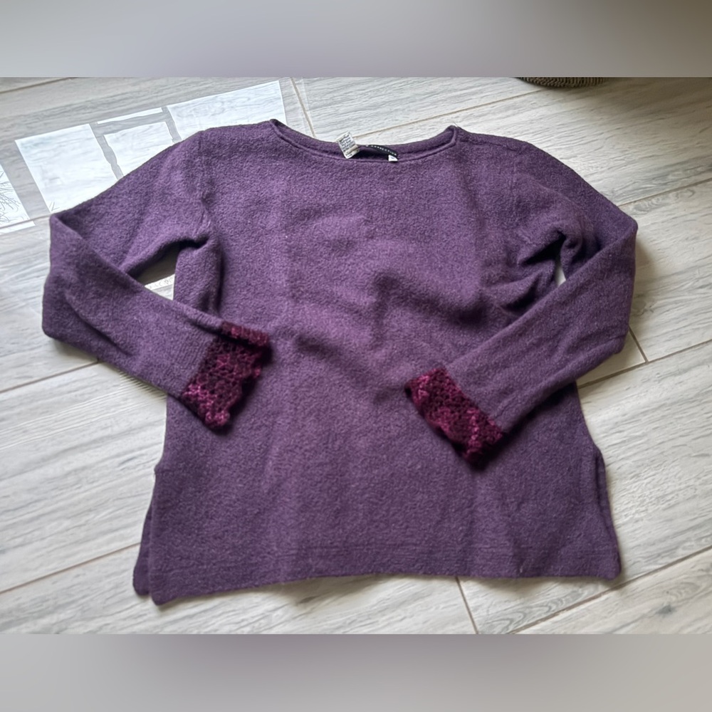 Peruvian Connection Purple Alpaca Scoop Neck Sweater with Maroon Crochet Cuffs |